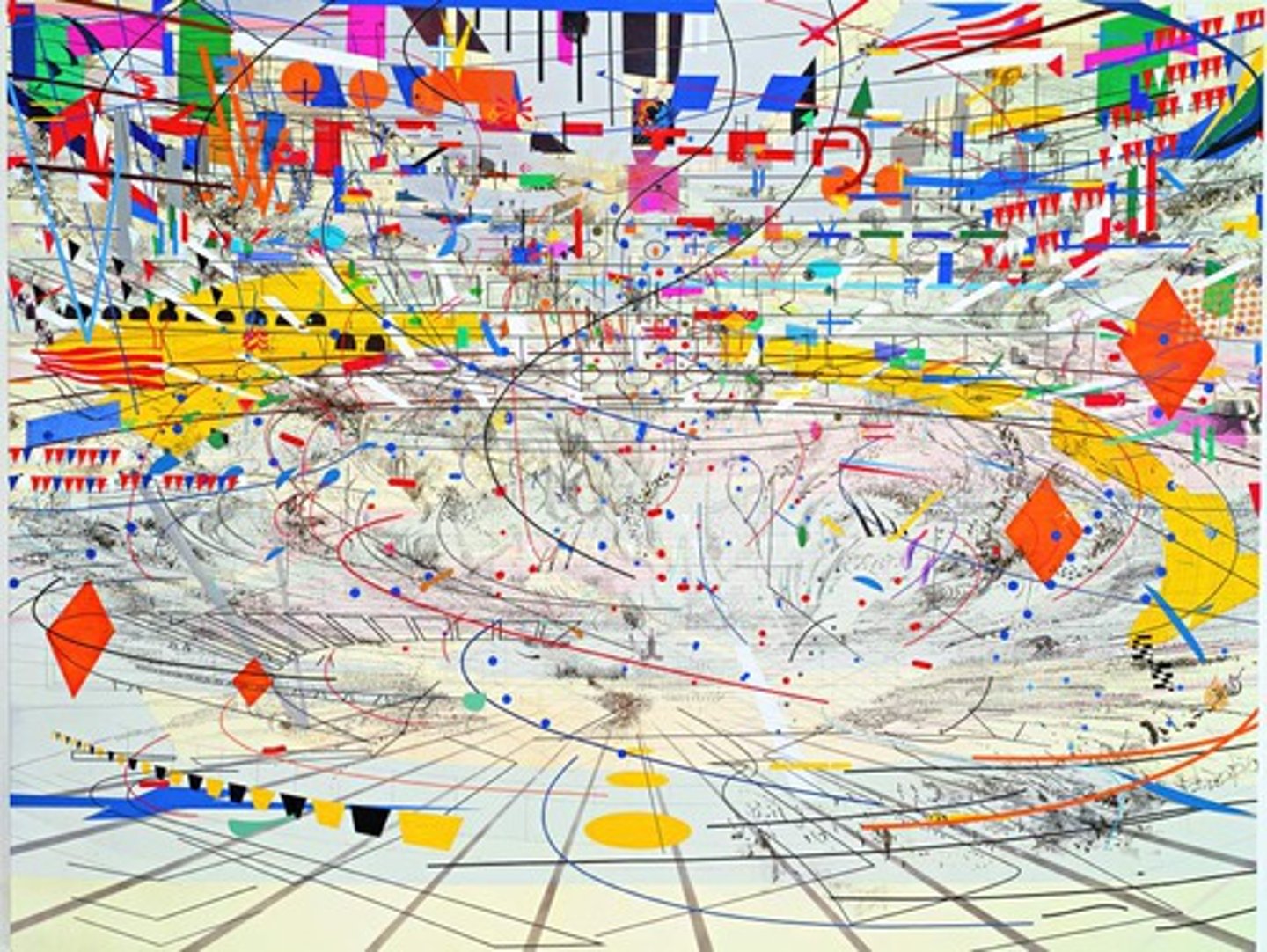 <p>Julie Mehretu</p><p>2004 CE</p><p>Form: Ink and acrylic on canvas</p><p>Function: Blends architecture with painting</p><p>The massive canvas, 9 feet by 12 feet in size, was built up layer-by-layer, similar to how construction occurs. The objects are reminiscent of flags and icons or symbols, leading some scholars to believe it is a commentary on the struggle between cultural identity, nationalism and consumerism. Julie Mehretu was an Ethiopian-born artist who moved to New York city, known for her dense abstract works. Mehritu's style blends architecture with painting. At first glance, "Stadia II'' looks like a confusing flurry of objects. There are layers upon layers of objects, lines, and plans</p>