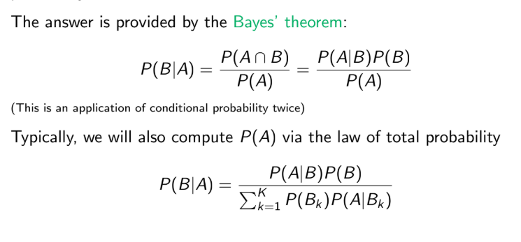 <p>Consider events A and B. Suppose we know the conditional probability of A given B. Now, we want to know: Given that A has occurred, what is the probability that B occurs? Consider events A and B. Suppose we know the conditional probability of A given B. Now, we want to know: Given that A has occurred, what is the probability that B occurs? </p><p></p>