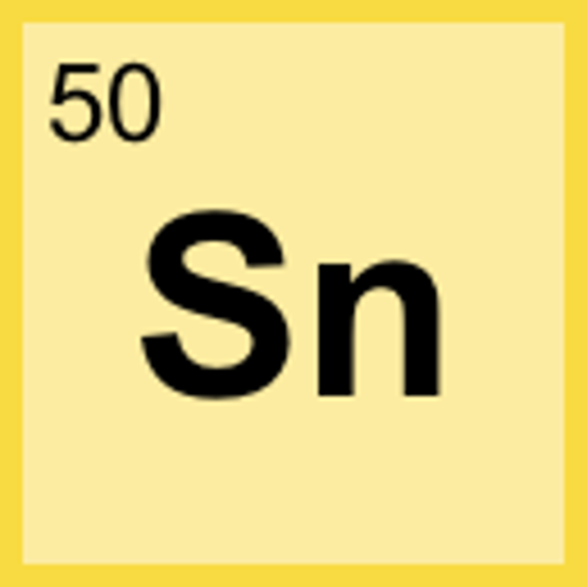 <p>Symbol: Sn<br>Atomic Mass: 118.7<br>Atomic Number: 50</p>