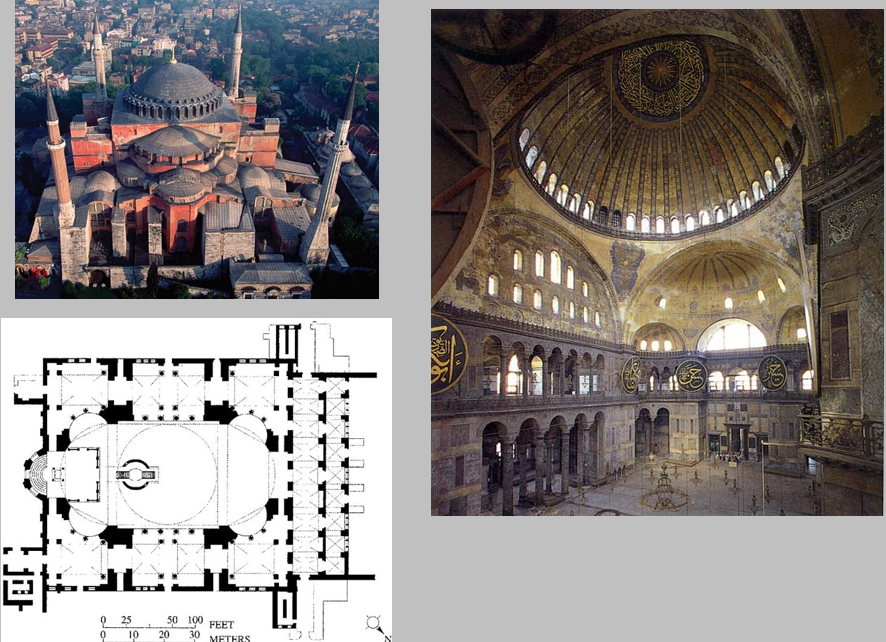 <ul><li><p>Justinian helped build it</p></li><li><p>Used to be a church but today it's a mosque</p></li><li><p>Most important & largest architecture in the Byzantine Empire</p></li><li><p>The dome seems to ride on a halo of light as light from outside pours in the gaps of the dome</p></li></ul><p></p>