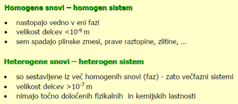 <p>Homogene snovi oziroma homogen sistem nastopajo vedno v eni fazi, imajo delce velikosti manjše od 10⁻⁹ m, in sem spadajo plinske zmesi, prave raztopine ter zlitine.<br>Heterogene snovi oziroma heterogen sistem so sestavljene iz več homogenih snovi (faz) in zato predstavljajo večfazne sisteme. Velikost njihovih delcev je večja od 10⁻⁷ m, nimajo pa točno določenih fizikalnih in kemijskih lastnosti.</p>