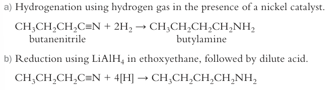 <p>reduction using nickel catalyst, only primary amine forms</p><p>reduction using LiAlH4, in dry ether</p><p>does not lead to further substitutions</p>