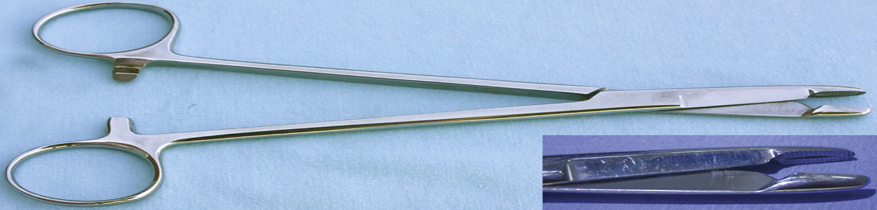 <ul><li><p>drives suture needles through tissue</p></li><li><p>scissor blades set behind jaws</p></li><li><p>cuts suture material</p></li><li><p>5 1/2, 6 1/2, or 7 1/2 inches in length</p></li></ul>