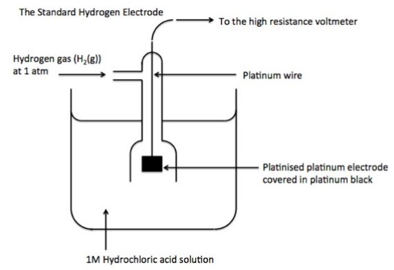 <ul><li><p>Hydrogen gas at 1atm</p></li><li><p>1M HCl solution</p></li><li><p>Platinum electrode</p></li><li><p>298K</p></li><li><p>high-resistance voltmeter</p></li></ul><p></p>