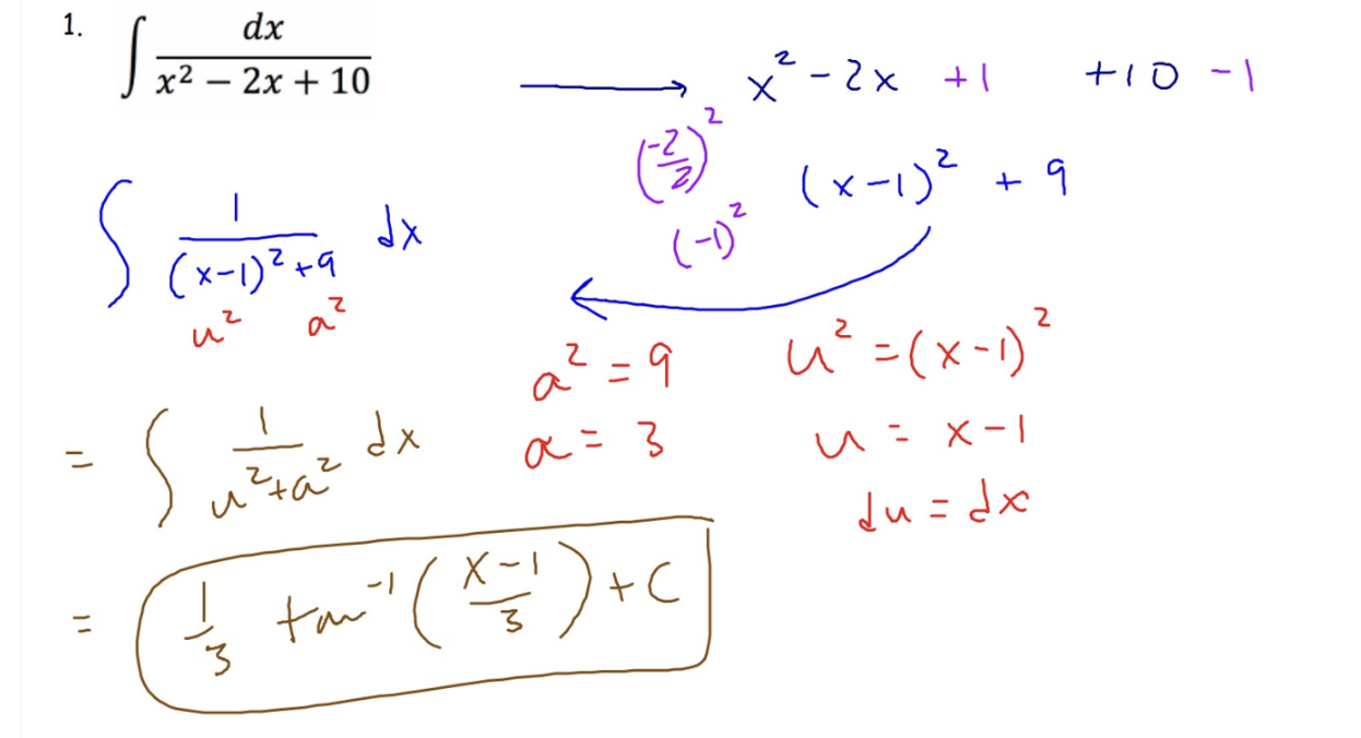 <ul><li><p>Use this method when there’s a constant in the numerator &amp; a quadratic in the denominator </p></li><li><p>Most common forms leads us to the inverse trig integrals of sin and tan but not always </p></li></ul><p></p>