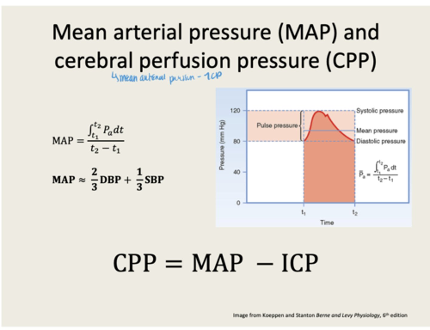 <p>o Cerebral perfusion pressure (CPP) = MAP - ICP</p><p>o Normal is 60-100</p><p>o If CPP is low, blood flow is low</p>