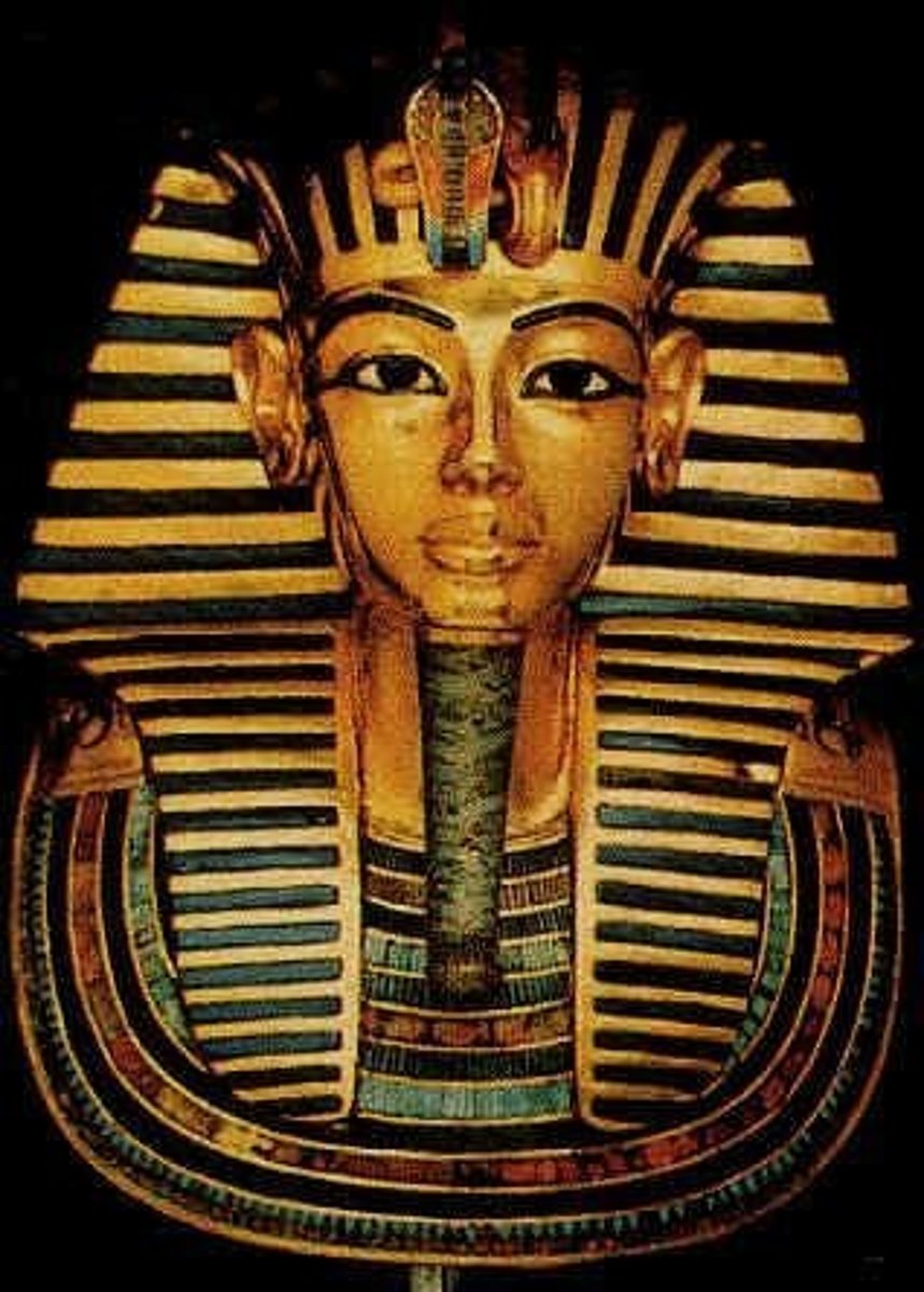 <p>EGYPT.</p><p>- New Kingdom</p><p>- Eighteenth Dynasty</p><p>- New Kingdom</p><p>- Valley of the Kings</p><p>- Gold inlaid with glass &amp; semiprecious stones</p><p>- Placed over head &amp; shoulders of mummified body</p><p>• Solid gold</p><p>• Symbolic of being a military ruler</p><p>• Realism</p><p>"Believe that he was killed because he did not have any heirs &amp; was young</p><p>Pulled major organs out and mummify them separately with salt to dry them</p><p>And wrap them in linen"</p>