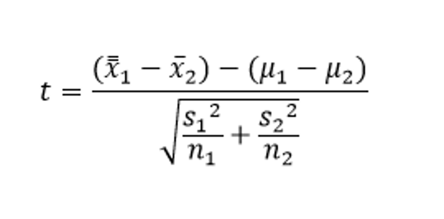 <p>Ho: µ1=µ2, Ha:µ1≠µ2, µ1&gt;µ2,µ1&lt;µ2</p><p>Conditions:</p><p>1)Representative data</p><p>2) Central Limit Theorem applies (sample size≥30 or distribution has normal boxplots).</p><p>3) Both groups are independent</p><p>Find dfs on calculator</p><p>Test statistic:</p>