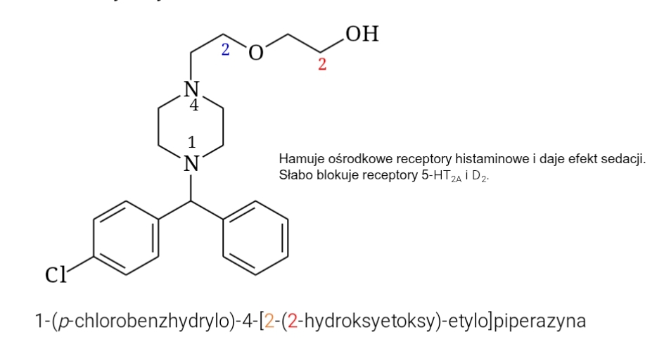 <p>leki przeciwhistaminowe I generacji</p><p class="is-empty is-editor-empty has-focus">działa także jako lek uspokajający i przeciwlękowy</p><p class="is-empty is-editor-empty has-focus">blokuje receptory histaminowe H₁, przenika do ośrodkowego układu nerwowego</p><p class="is-empty is-editor-empty has-focus">Skutek:</p><p class="is-empty is-editor-empty has-focus">zmniejszenie działania histaminy i hamowanie aktywności OUN</p><p class="is-empty is-editor-empty has-focus">Efekty:</p><p class="is-empty is-editor-empty has-focus">przeciwalergiczne, uspokajające, nasenne</p>