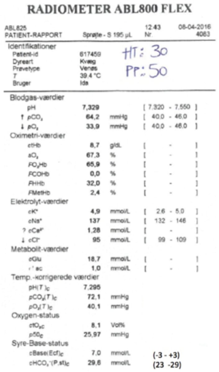 <p>En fire uger gammel kalv er pludselig blevet nedstemt og ligger ned uden ædelyst. Ved din kliniske undersøgelse finder du T: 39,4 P: 80 R: 32. Der høres ru respiration bilateralt i begge lungefelter, og der er kun svage vomkontraktioner. En blodprøve udtages. Hvordan vil du beskrive den?</p><p>- Respiratorisk acidose</p><p>- Respiratorisk alkalose</p><p>- Respiratorisk alkalose &amp; metabolisk acidose</p><p>- Repiratorisk acidose &amp; metabolisk alkalose</p>