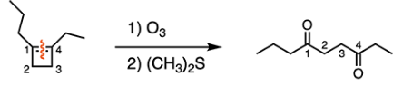 <p>B</p><p><strong>Treatment of an alkene with ozone</strong><span> followed by (CH</span><sub>3</sub><span>)</span><sub>2</sub><span>S will accomplish ozonolysis with a reductive workup. This reaction will cleave the carbon-carbon double bond to form two carbonyl groups. In order to figure out how many carbons the ring consisted of, count the number of carbons from one carbonyl carbon to the other:</span></p>