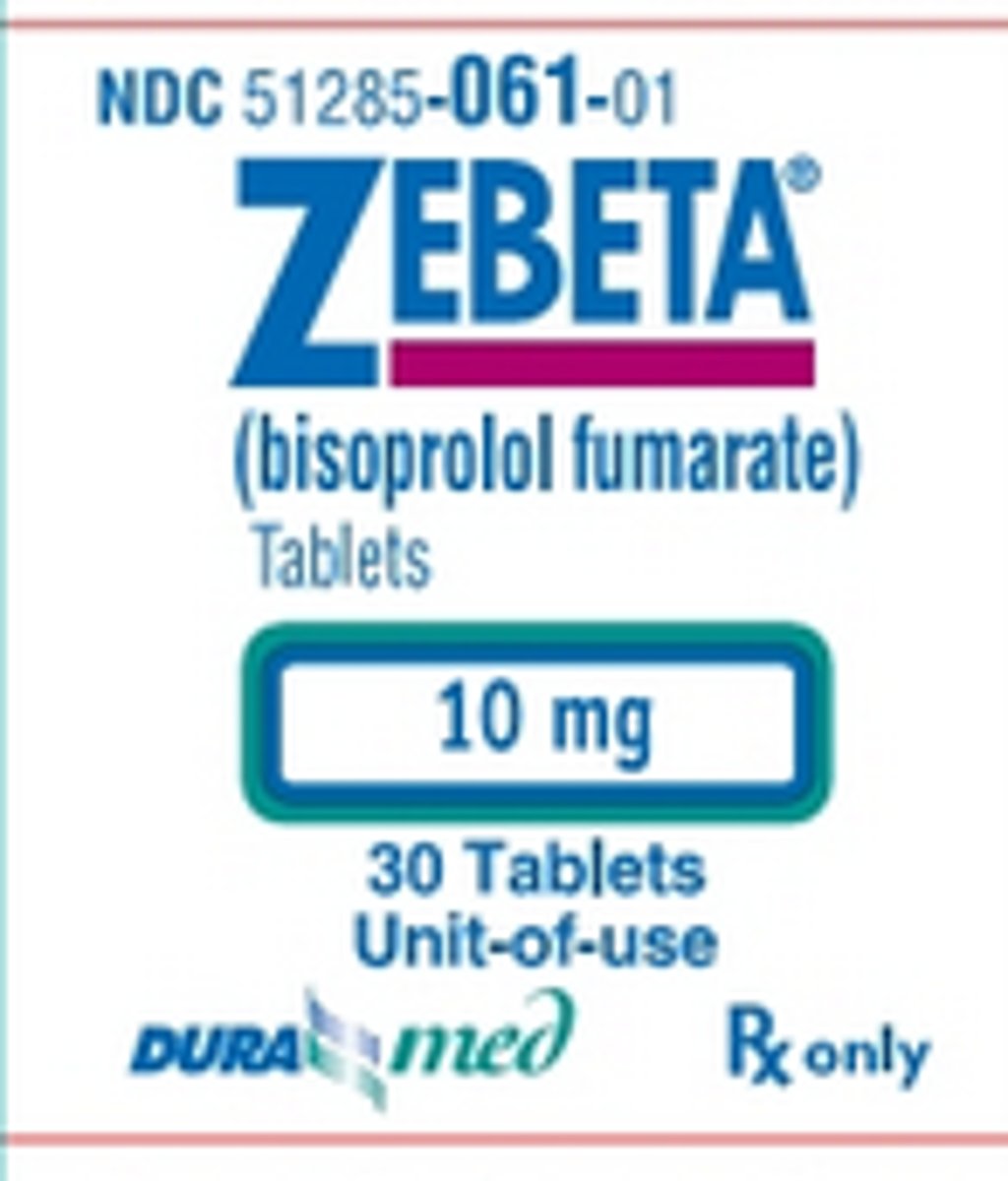<p>Bisoprolol</p><p>Beta Blocker</p><p>Hypertension, angina, heart failure</p>