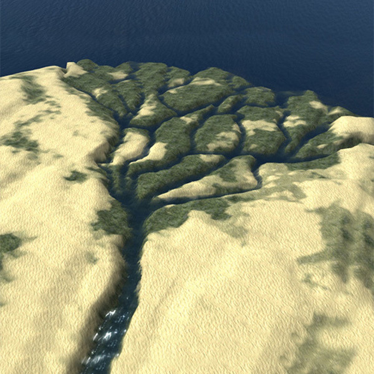 <p>Depositional landforms found at the mouth of a river where the river meets a body of water with lower velocity than the river. This causes clay and silt particles to clump together (flocculate) due to an electrostatic charge making the clay sink due to its increased weight. Calm seas also encourage the deposition of sediment. There are 3 beds (topset, foreset and bottomset) with the coarsest material at the top.</p>