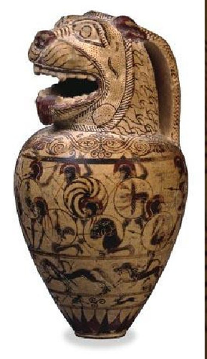 <p>Miniature ceramic flask from the Late Geometric period (ca. 650 BCE) that is Protocorinthian in style, featuring intricate mini painting and used for perfume or oil.</p>