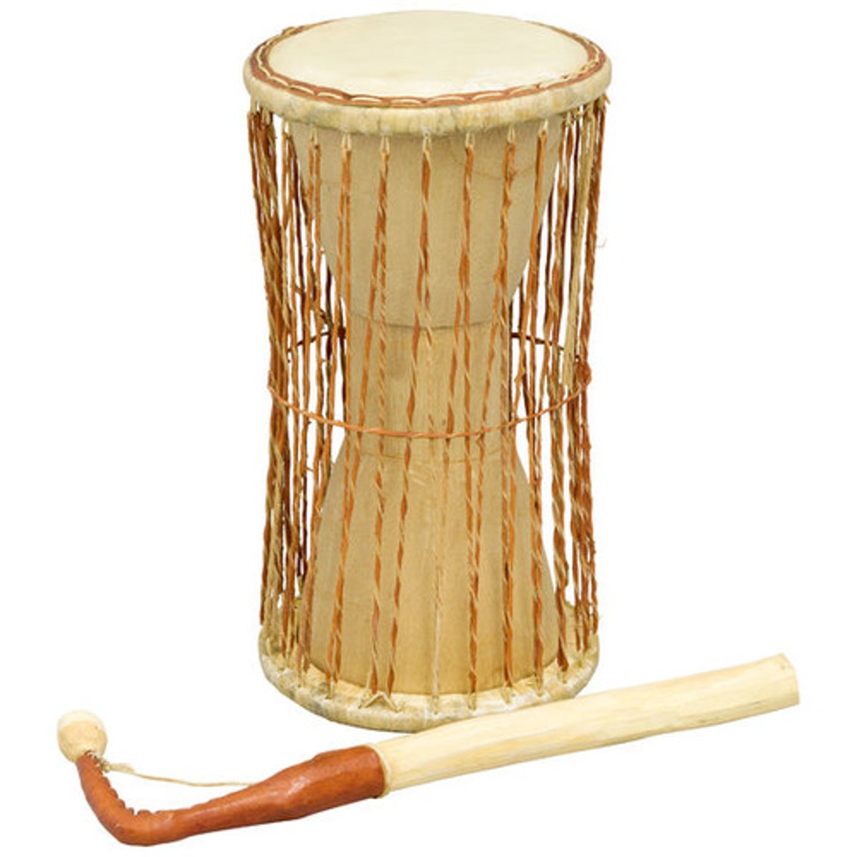 <p>played with hooked stick, strings on the outside that can be tightened/loosened to changed pitch using arm, played by master drummer, replicates speech, language was understood within and between tribes</p>
