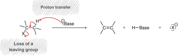 <p>a reaction in which an alkyl halide reacts with a strong base</p><p>elimination reaction, bimolecular</p><p>concerted mechanism</p>