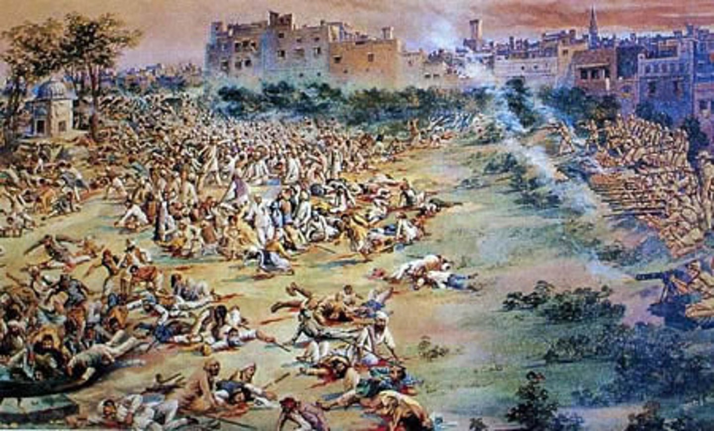 <p>1919 event in which the British opened fire on an unarmed, peaceful crowd of Indians who had gathered to protest British rule</p>