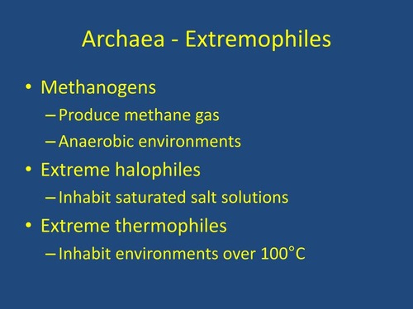 <p>Thermophiles love heat and extreme temperatures.</p><p>Halophiles love salty environments.</p><p>Methanogens produce methane gas ("swamp gas").</p>