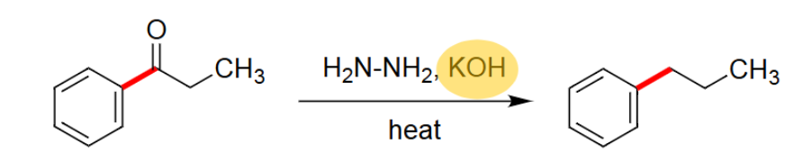 <ul><li><p>Reacts using H<sub>2</sub>N-NH<sub>2</sub>, KOH, and heat. </p></li><li><p>Uses basic conditions.</p></li><li><p>Takes off the =O.</p></li></ul><p></p>