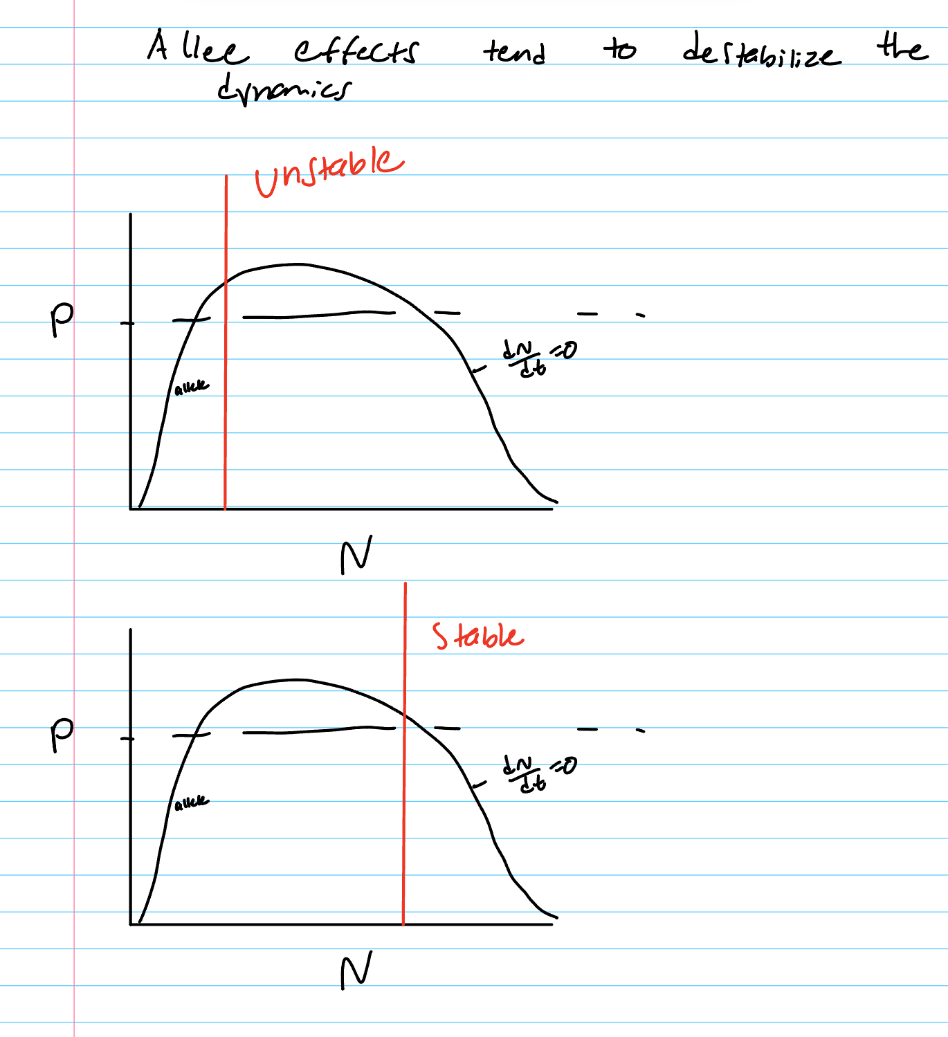 <p>Allee effect at low densities tends to destabilize.</p><p>Intraspecific competition at high densities stabilize.</p><p></p><p>Rule of thumb about stability: shift in a clockwise direction of either isocline stabilizes, while counter-clockwise destabilizes.</p>