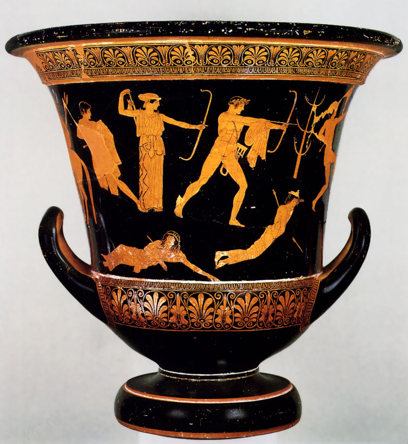 <p>Niobides Krater</p><ul><li><p>Anonymous vase painter of Classical Greece known as the Niobid Painter</p></li><li><p>c. 460-450 B.C.E.</p></li><li><p>Clay, red-figure technique</p></li><li><p>Classical Greek</p></li></ul><p>By bringing in elements of wall paintings, the painter has given this vase its exceptional character. Wall painting was a major art form that developed considerably during the late fifth century BC, and is now only known to us through written accounts. Complex compositions were perfected, which involved numerous figures placed at different levels. This is the technique we find here where, for the first time on a vase, the traditional isocephalia of the figures has been abandoned.</p>