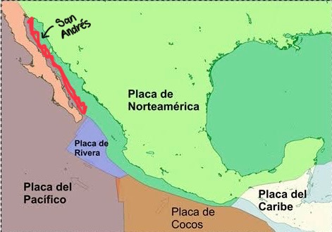 <ol><li><p>Placa de Norte-América</p></li><li><p>Placa Pacífica</p></li><li><p>Placa de Rivera</p></li><li><p>Placa Cocos</p></li><li><p>Placa Caribe</p></li><li><p>Falla de San-Andrés</p></li></ol>
