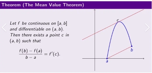 <p>States that if a function f is continuous on [a,b] and differentiable on (a,b), then there exists a number c in (a,b) such that f'(c) = (f(b) - f(a)) / (b - a).</p>