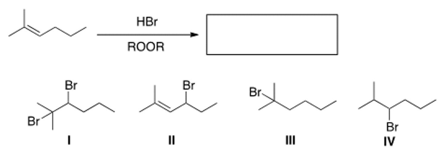 <p>Determine the product of the following reaction.</p><p>A) I</p><p>B) II</p><p>C) III</p><p>D) IV</p>