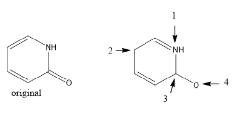 <p>A student tried to draw resonance structure from the original molecule (both shown below; the second is one of the resonance structures of the original molecule, which may or may not necessarily be the best). However, the student forgot to label formal charges. What is the formal charge on atom #1 on the resonance structure? (hint: the student tried to use two resonance patterns at once, which is never a good idea).</p>