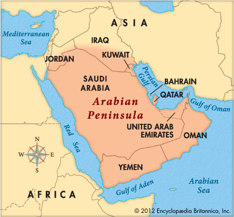 <p><span>A large peninsula located in Southwest Asia, bordered by the Red Sea to the west, the Arabian Sea to the south, and the Persian Gulf to the north.</span></p>