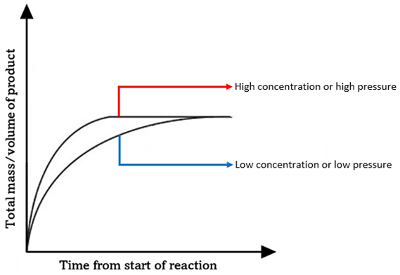 <p>-if conc increases, there are more frequent collisions so more successful collisions </p><p>-on a graph, a higher conc has a higher tangent levels off first</p>