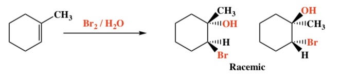 <p>Intermediate: 3-membered ring halonium ion Regiochemistry: Markovnikov (OH) Stereochemistry: Anti</p>