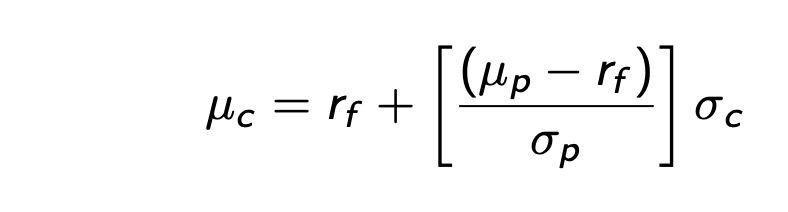 <p>It shows all possible risk return combinations an investor can achieve by mixing a </p><p>Risk free asset and any risky portfolio . The equation is as follows:</p><p></p>