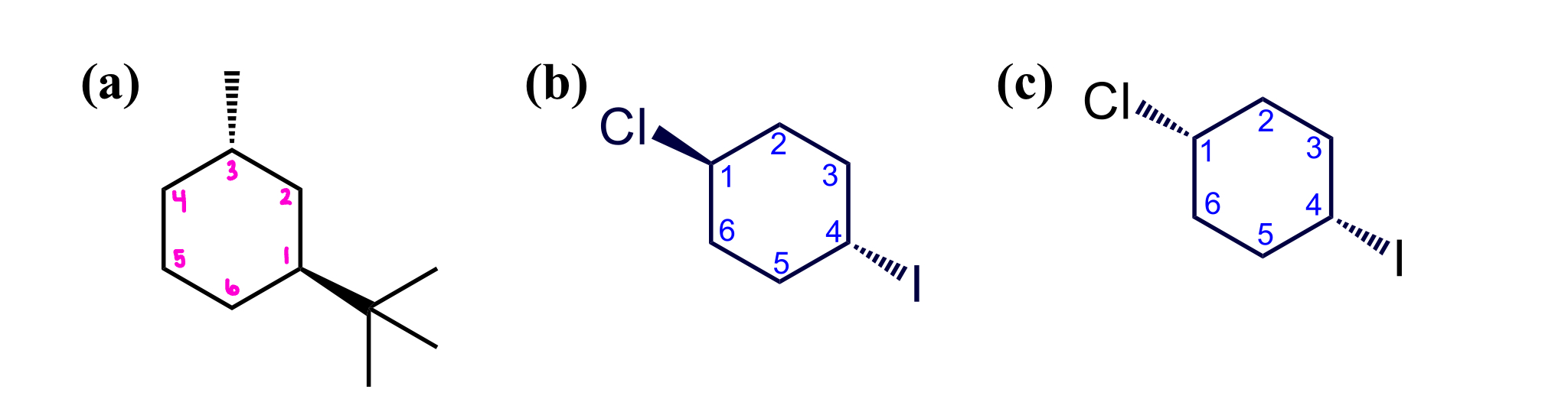<p>draw both chair conformations for each and identify the more stable conformer for each</p>
