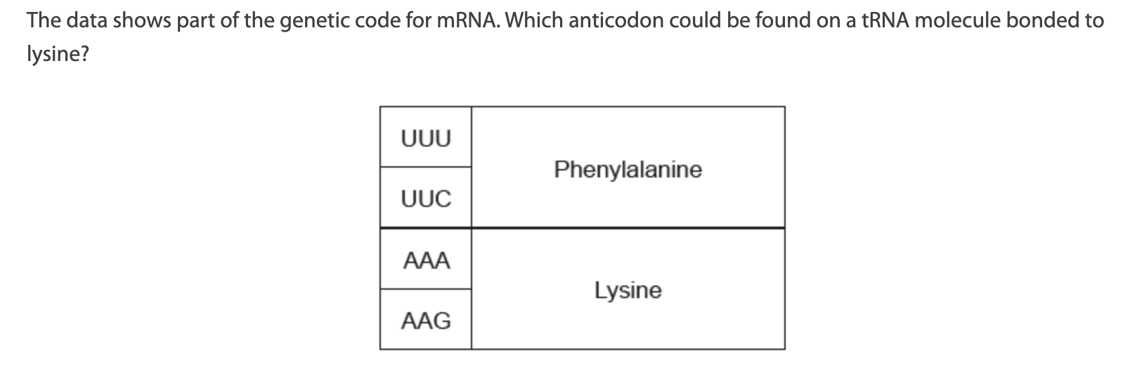 <p>A. AAG</p><p>B. UUC</p><p>C. TTT</p><p>D. GAA</p>