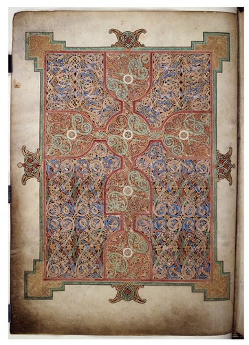 <p>The influence of older northern European artistic traditions on the work shown demonstrates that</p><p>A</p><p>there was a steady exchange of ideas between Christians in the British Isles and mainland Europe during the early Middle Ages</p><p>B</p><p>a well-developed bookmaking tradition existed in the British Isles even before Christian missionaries arrived there</p><p>C</p><p>the patrons who commissioned such works wanted to uphold their old pagan beliefs even after they converted to Christianity</p><p>D</p><p>missionaries in the British Isles embraced the local artistic style in their efforts to spread Christianity to new converts</p>