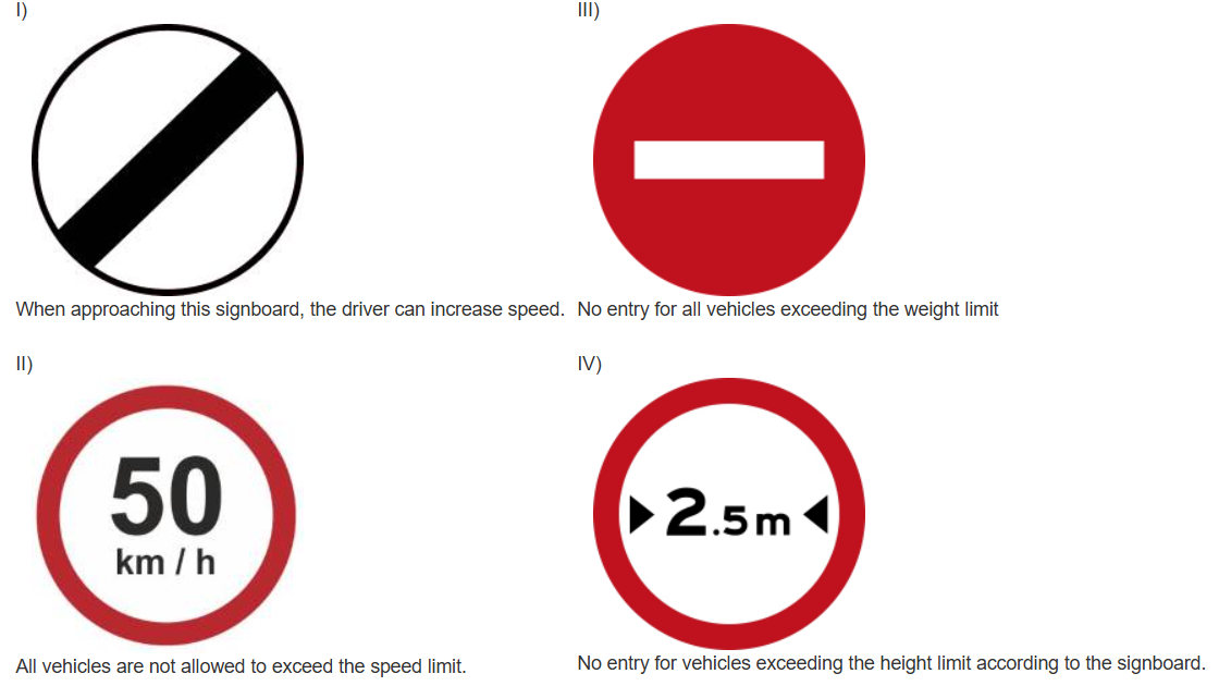 <p><span>Choose the </span><strong>CORRECT&nbsp;</strong><span>combinations based on the signboards and their explanations below:</span></p><p><span>A. I, and II only.</span></p><p><span>B. I, and IV only.</span></p><p><span>C. II and III only.</span></p>