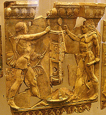 <p>Rome, Temple of Apollo Palatinus: Terracotta plaque with the Struggle for the Delphic Tripod, Roman, c. 28 BCE</p>