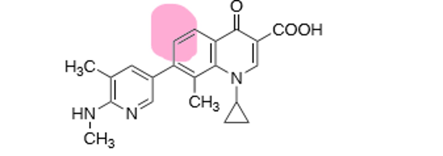 <p>New quinolone, no fluorine group, used to treat impetigo, overgrowth with nonsusceptible bacteria and fungi possible, improved activity against gram (+), but still hits gram (-). Inhibits DNA gyrase and topoisomerase IV in bacterial DNA production. Rare hallucinations, delirium, and sezirues in patients also taking NSAIDs and theophylline, don't give under the age of 18 due to growing tendons, risk of tendon rupture main resistance is point mutations in A and B subunit of DNA gyrase, leading to decreased binding affinity of quinolones to DNA gyrase.</p>