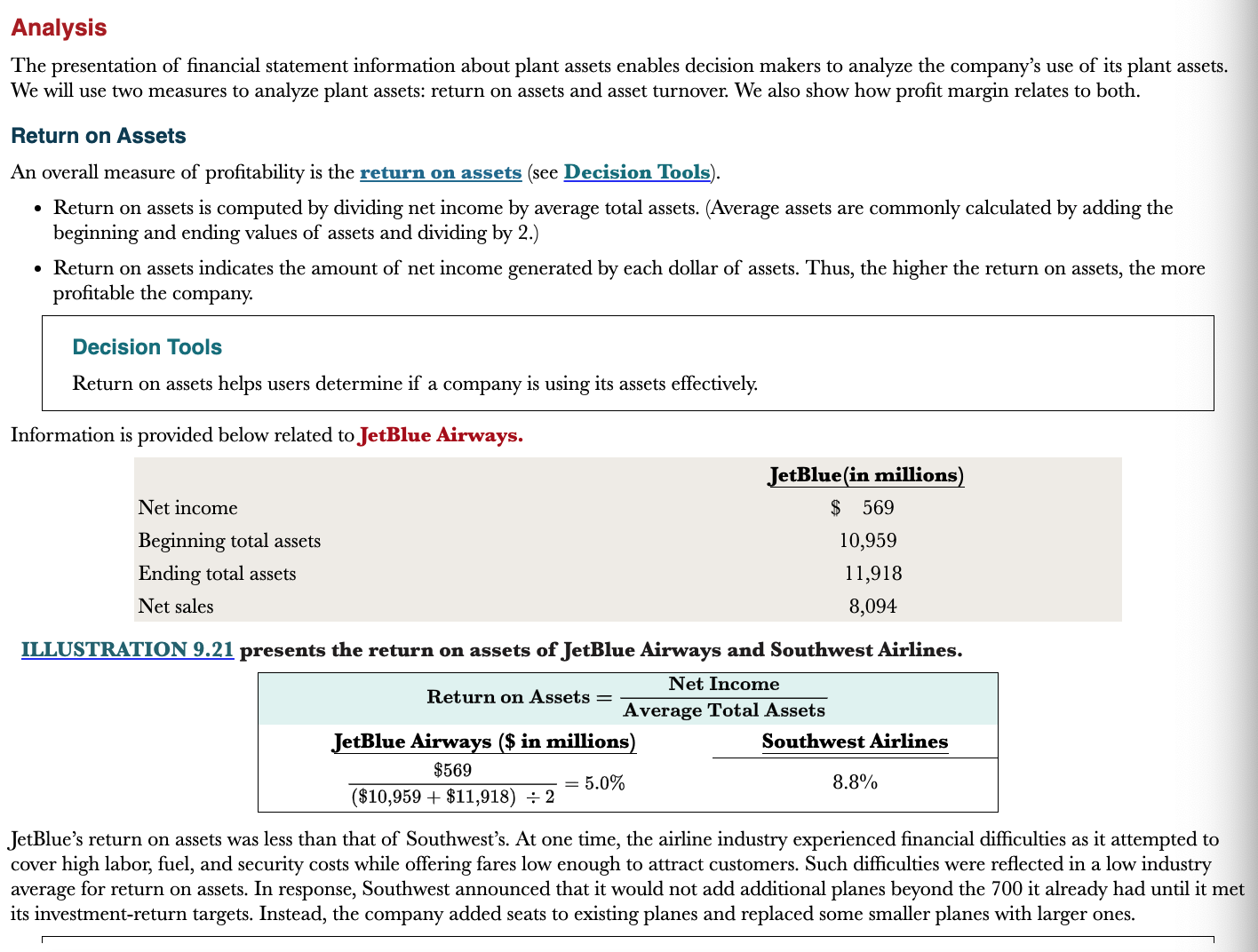 <p>An overall measure of probability</p>
<p>Computed by dividing net income by average total assets</p>
<ul>
<li>Average assets are calculated by adding the beginning and ending values of assets and dividing by 2</li>
<li>Return on assets show the amount of net income generated by each dollar of assets. Thus, the higher the return on assets, the more profitable the company</li>
</ul>