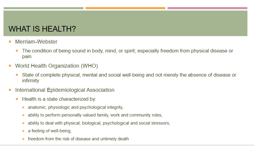 <ul><li><p>the condition of being sound in body, mind, or spirit; especially freedom from physical disease or pain</p><p>or</p></li><li><p>state of complete physical, mental, and social well-being and not merely the absence of disease or infirmity</p></li></ul><p></p>