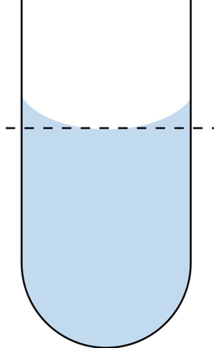 <p>curved surface of water you see in container</p>