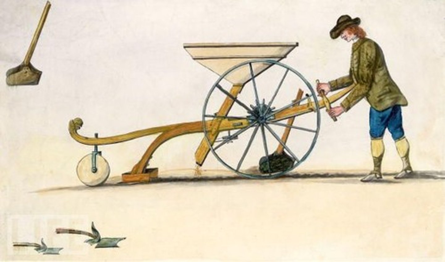 <p>a machine that plants seeds in straight rows in soil; enabled seeds to be planted with greater precision.</p>