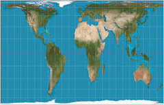<p>equal area projection that distorts the shape of land masses (looks stretched out). what we&apos;re used to.</p>