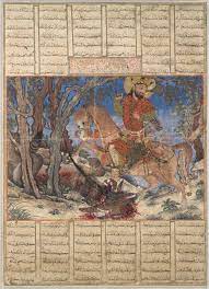 <p>Bahram Gur Fights the Karg, folio from the Great II-Khanid Shahnama</p>