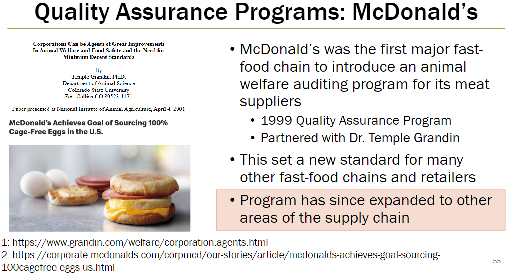 <p><strong>Program Launch</strong><br> First major fast-food chain to introduce animal welfare auditing for meat suppliers<br> 1999: Quality Assurance Program launched</p><p><strong>Partnerships</strong><br> Collaborated with Dr. Temple Grandin to develop program</p><p><strong>Impact</strong><br> Set a new standard for other fast-food chains and retailers<br> Program has expanded to additional areas of the supply chain</p>