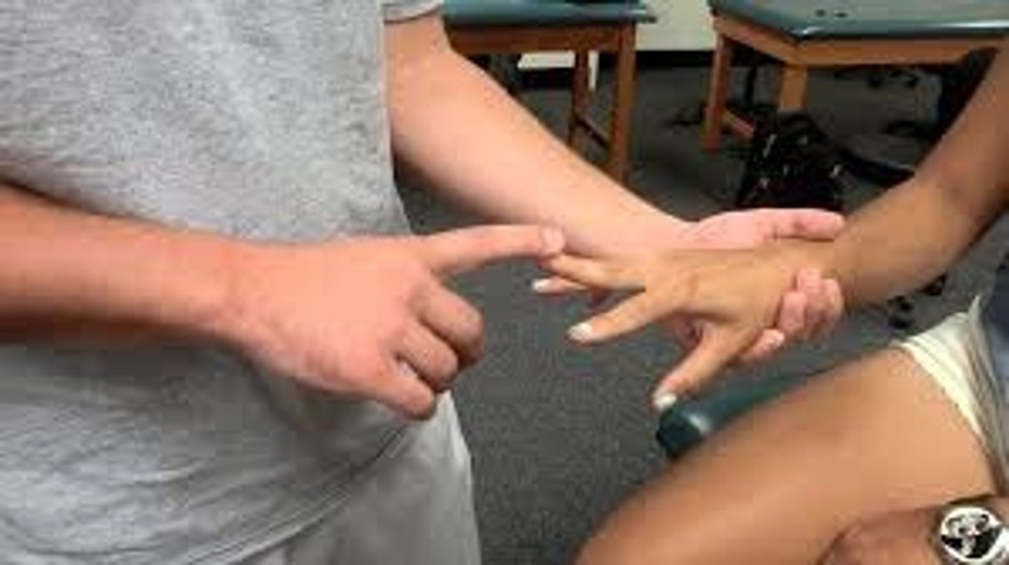 <p>- diagnosis: posterior interosseous nerve compression (radial tunnel)</p><p>- how: apply pressure to 3rd digit proximal interphalangeal joint</p><p>+ = unable to do</p>