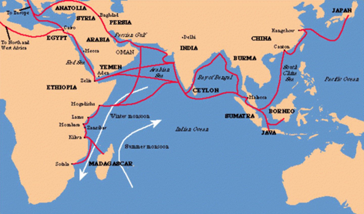 <p>"The Asian trading network was composed of three main zones: an Indian zone, an Arab zone and a Chinese zone. The Arab zone was based on tapestry, glass and carpentry. The Indian zone was focused on the trade of cotton and textiles. The Chinese zone primarily traded porcelain, silks and paper. The merchants who initiated the trade carried their culture to the different geographic regions. As a result, foreign languages, customs, religions, beliefs, technology and art emerged in Asia. Asian culture also spread to other regions through this trade network. The Asian sea trading network also included the Japan, the Southeast Asian islands, as well as parts of East Africa. Arab, Chinese, Southeast Asian, and Indian traders sailed and traded to provide for their own livelihood and also to make profits for the merchants and princes who funded their expeditions."</p>