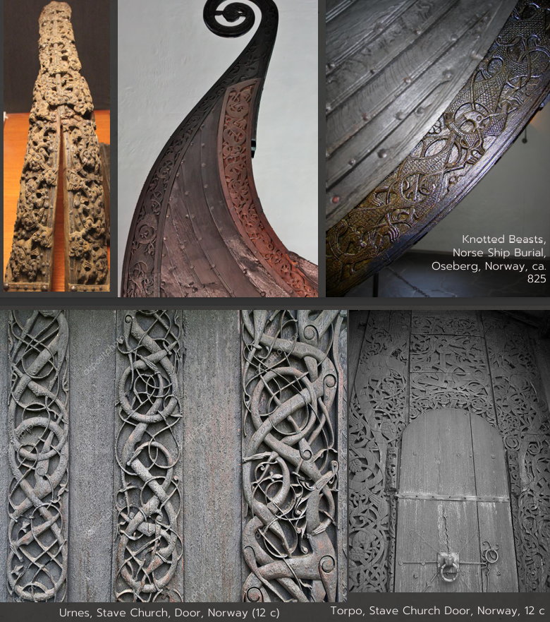 <ul><li><p>ritualistic function</p></li><li><p>knotted beasts, common with celtic tribes, norse ship burial</p></li><li><p>starts to translate to christian art —&gt; christian churches being decorated with Norse motifs</p></li></ul><p>ex. Urnes, Stave Church, Door, Norway</p>