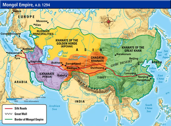 <p>Four regional Mongol kingdoms that arose following the death of Ghengis Khan.</p>